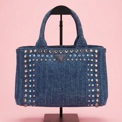 Prada Studded Denim Canapa Tote Bag