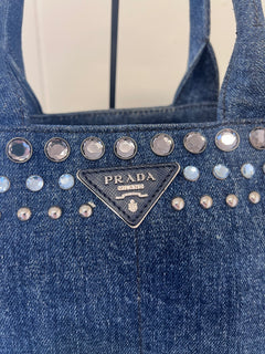 Prada Studded Denim Canapa Tote Bag