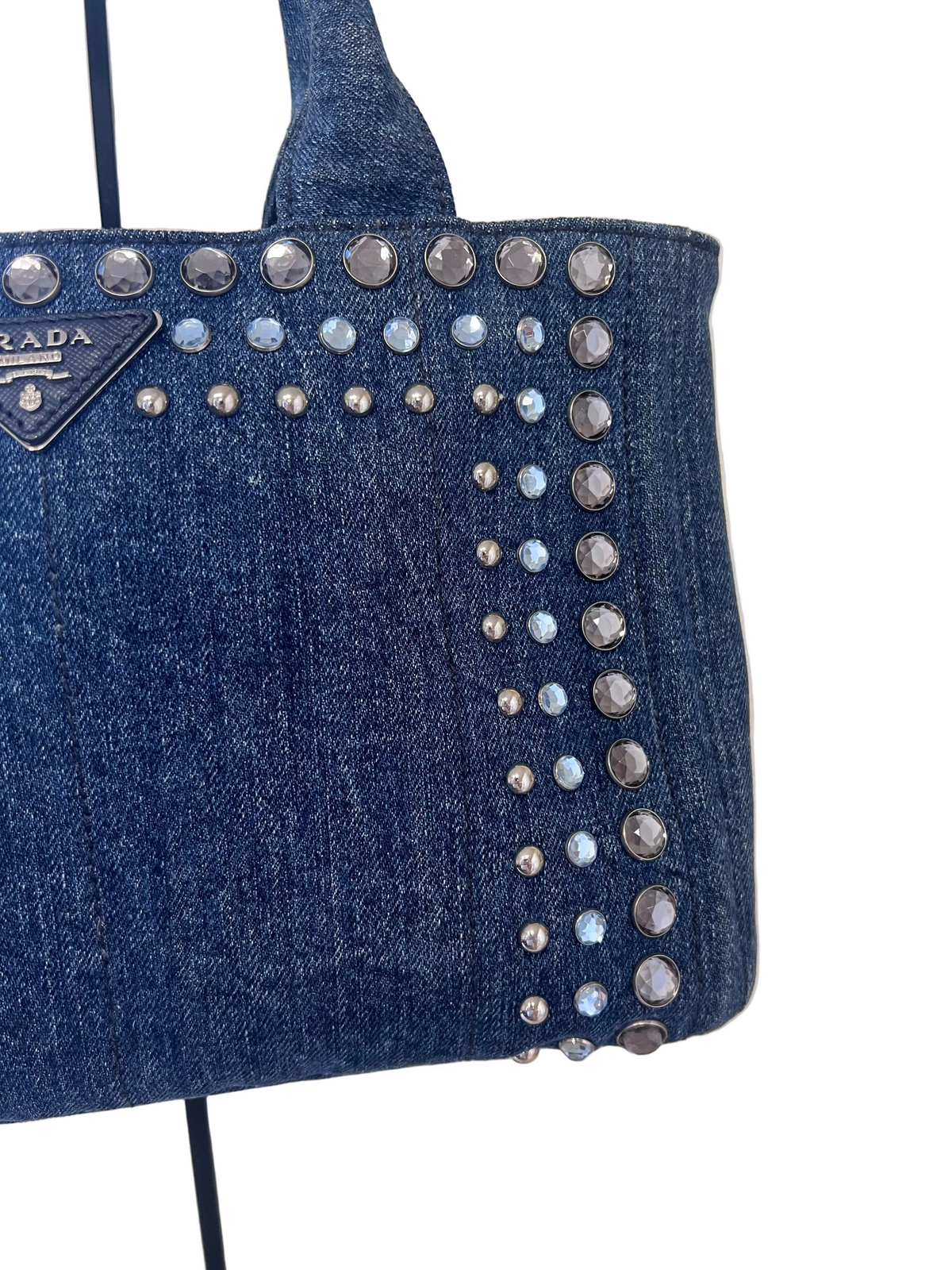 Prada Studded Denim Canapa Tote Bag