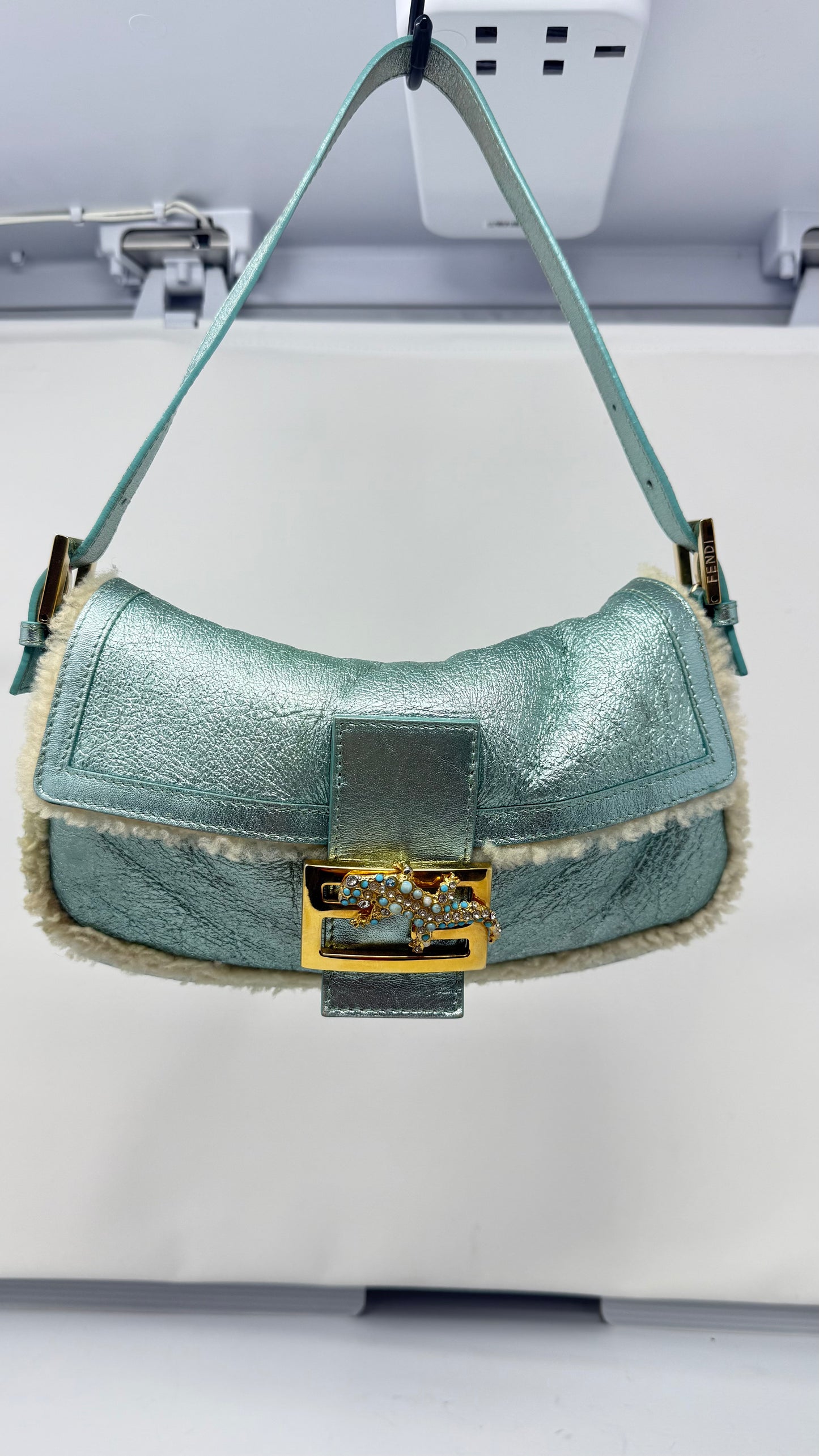 Fendi Shearling Metallic Lizard Baguette