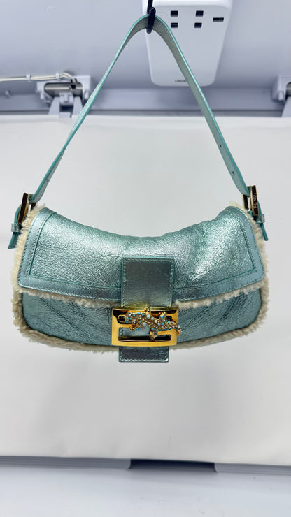 Fendi Shearling Metallic Lizard Baguette