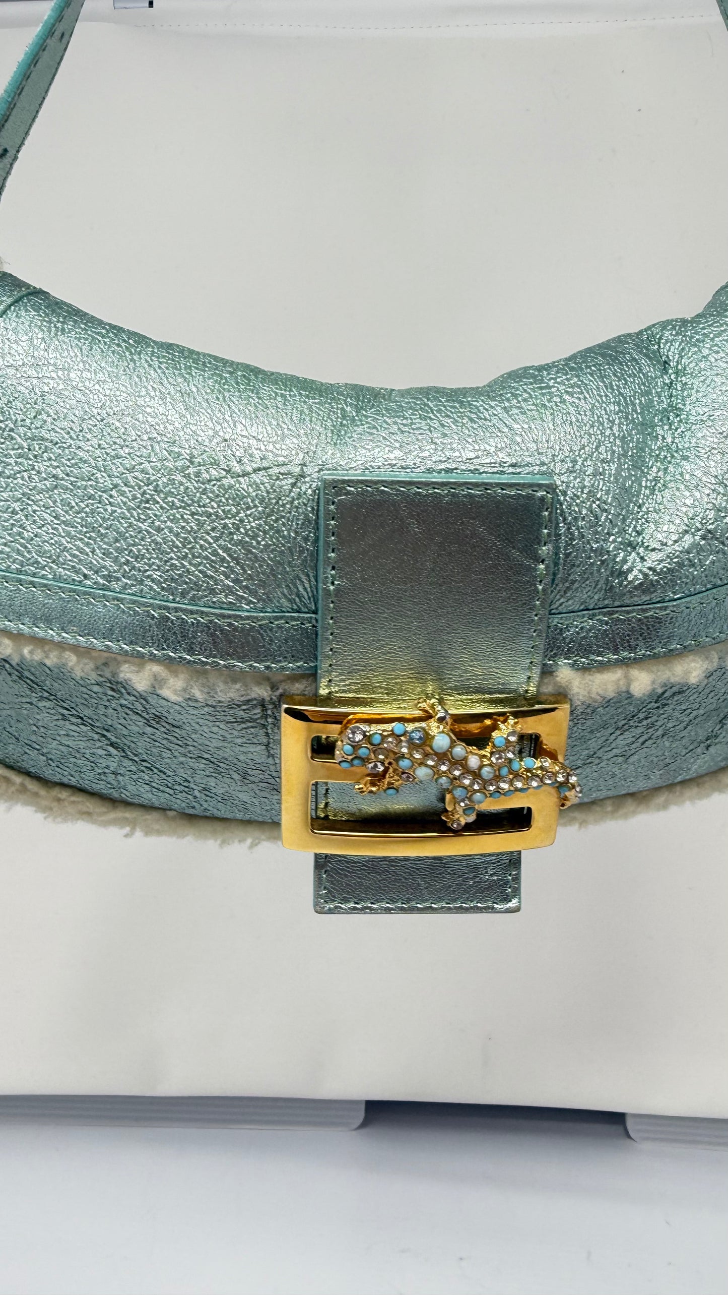 Fendi Shearling Metallic Lizard Baguette