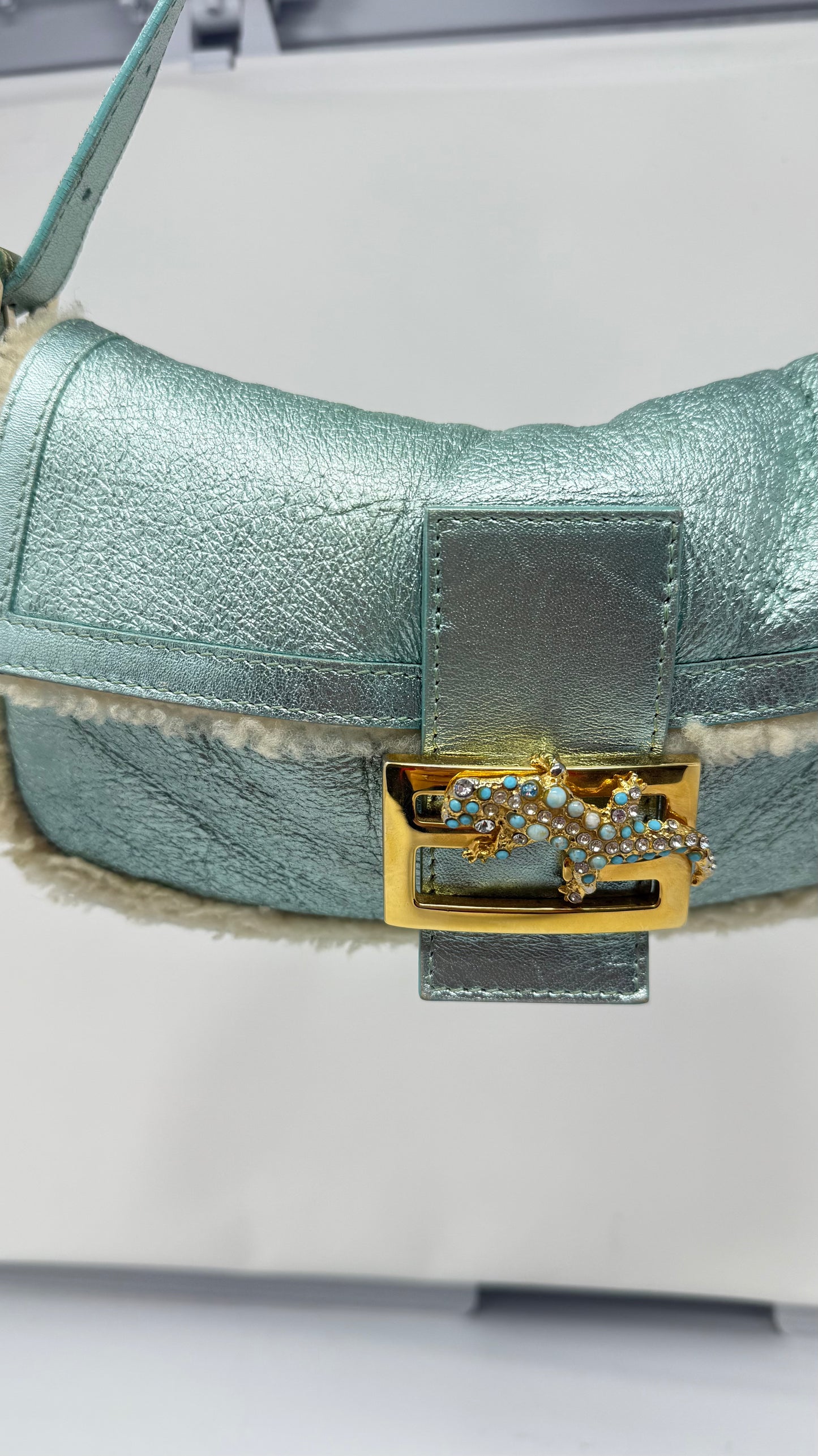 Fendi Shearling Metallic Lizard Baguette