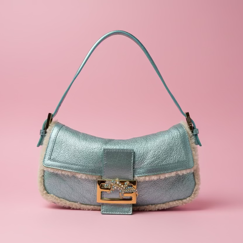 Fendi Shearling Metallic Lizard Baguette