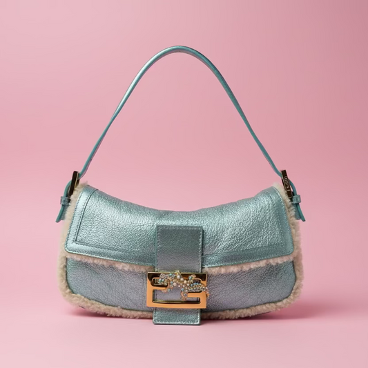 Fendi Shearling Metallic Lizard Baguette
