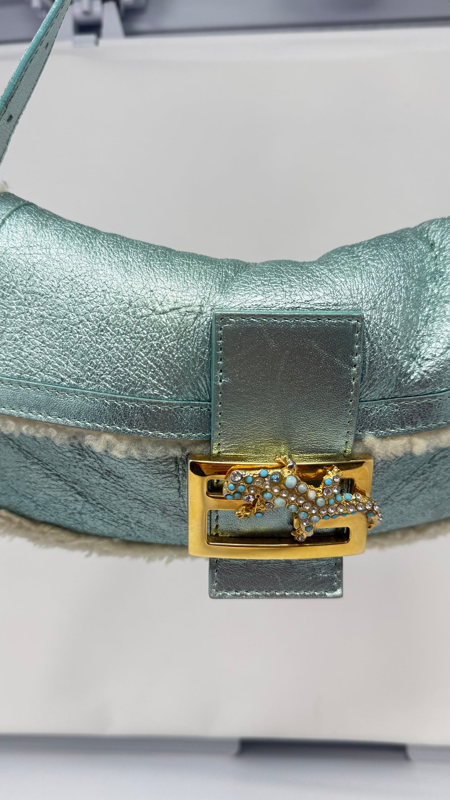 Fendi Shearling Metallic Lizard Baguette