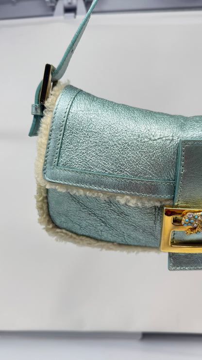 Fendi Shearling Metallic Lizard Baguette