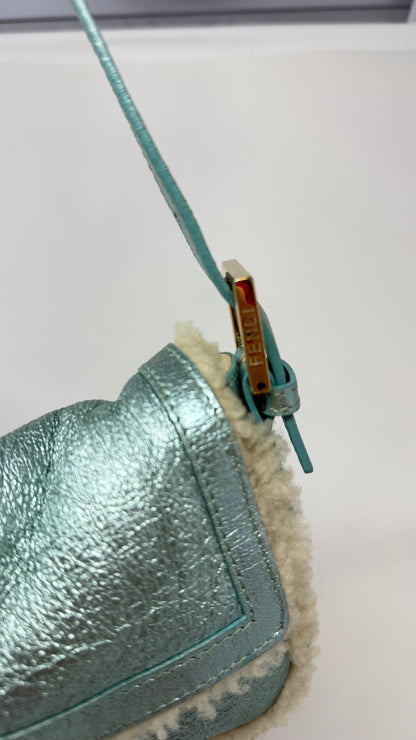 Fendi Shearling Metallic Lizard Baguette