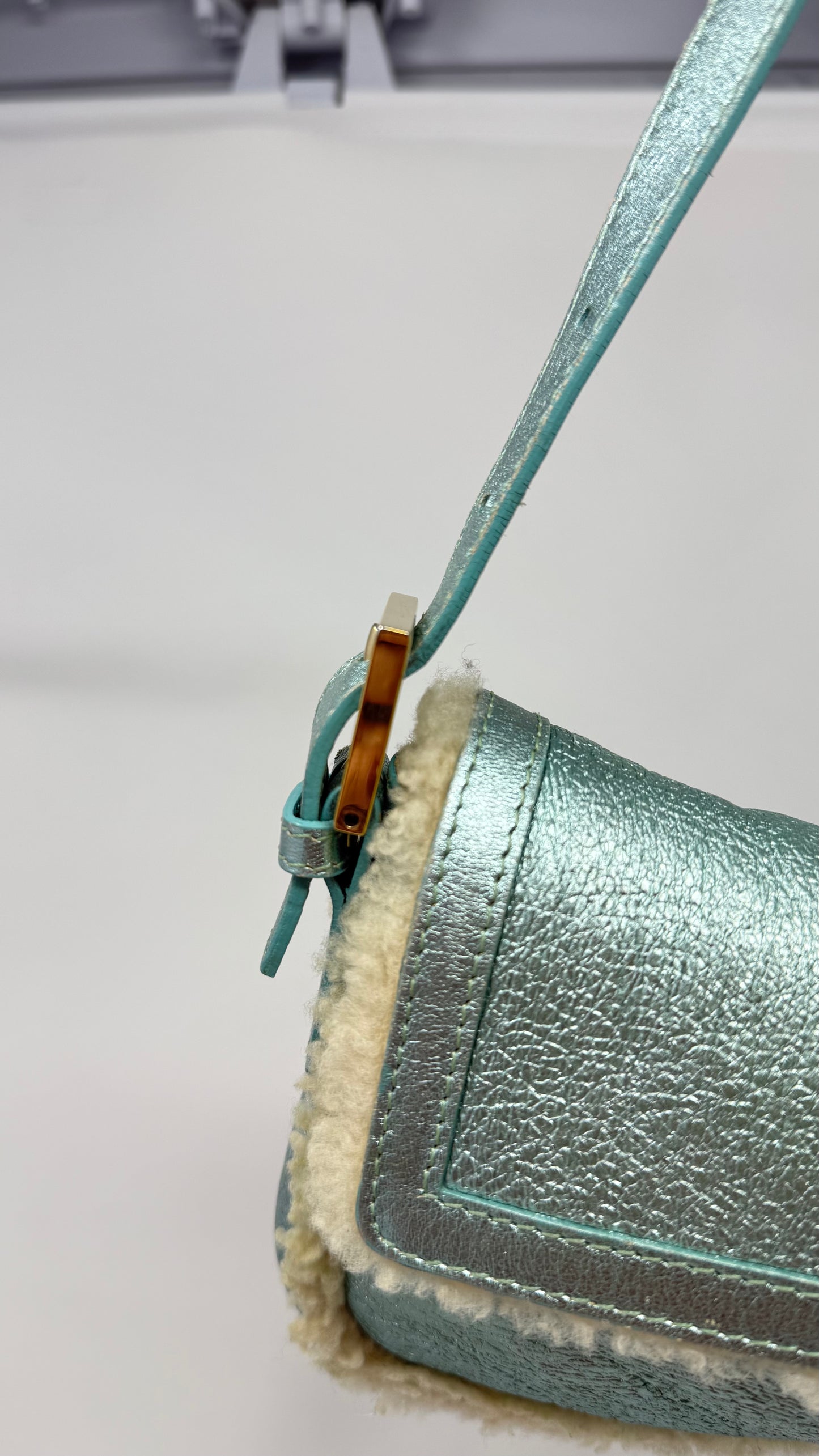 Fendi Shearling Metallic Lizard Baguette