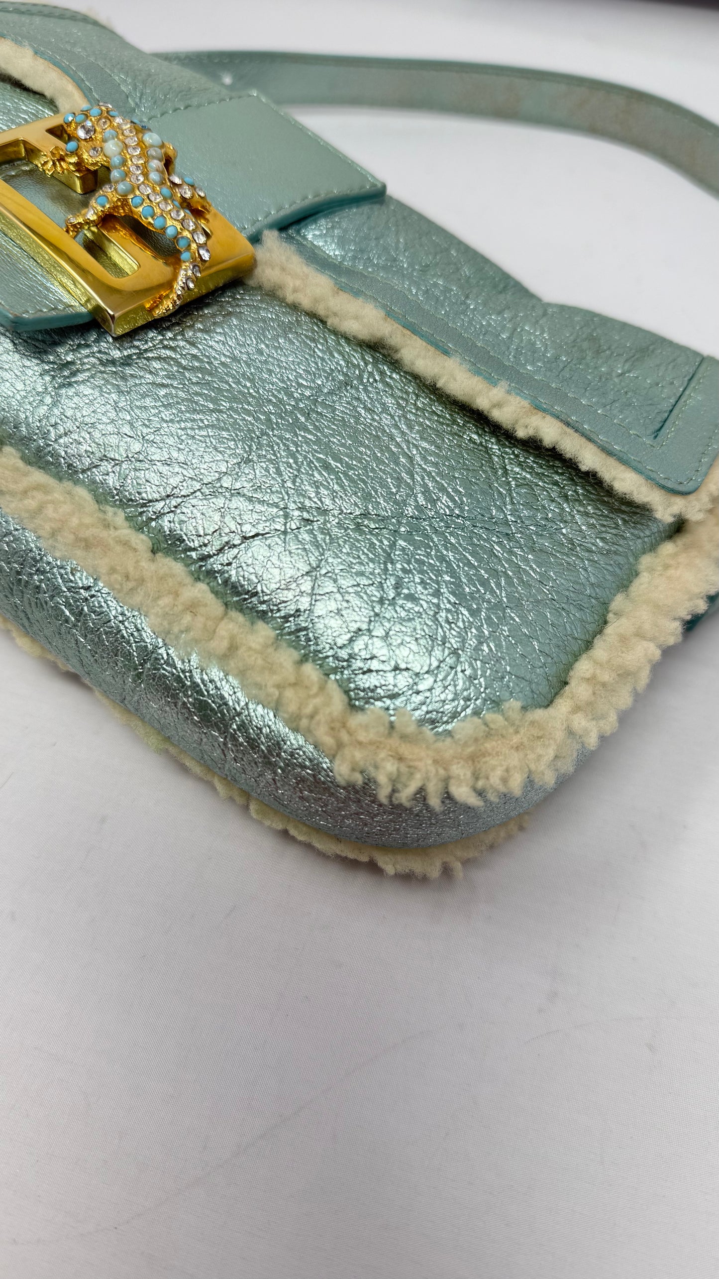 Fendi Shearling Metallic Lizard Baguette