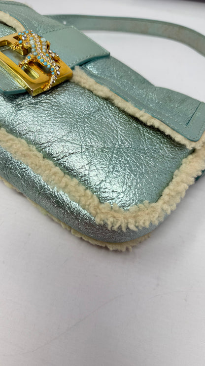Fendi Shearling Metallic Lizard Baguette
