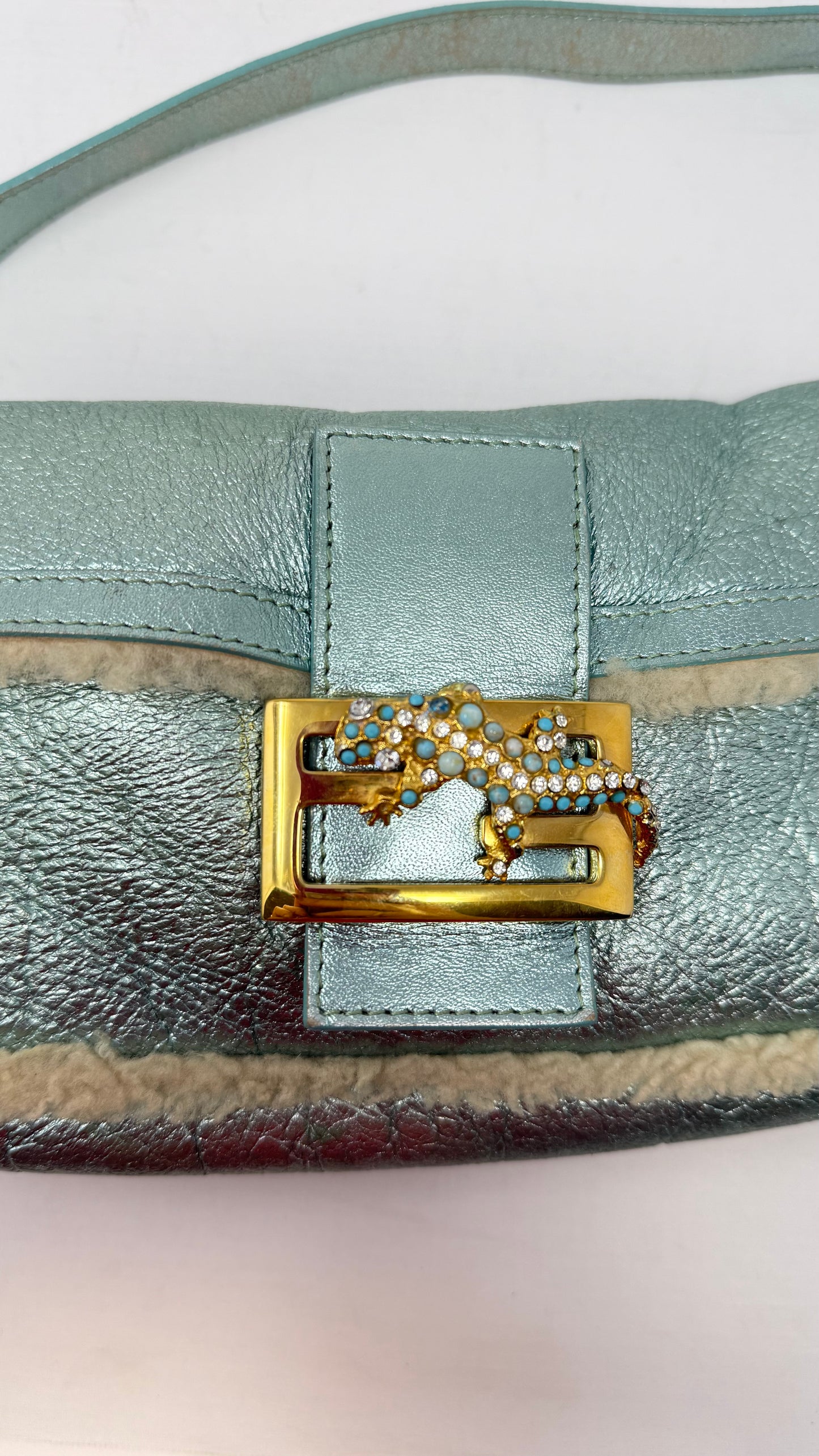 Fendi Shearling Metallic Lizard Baguette