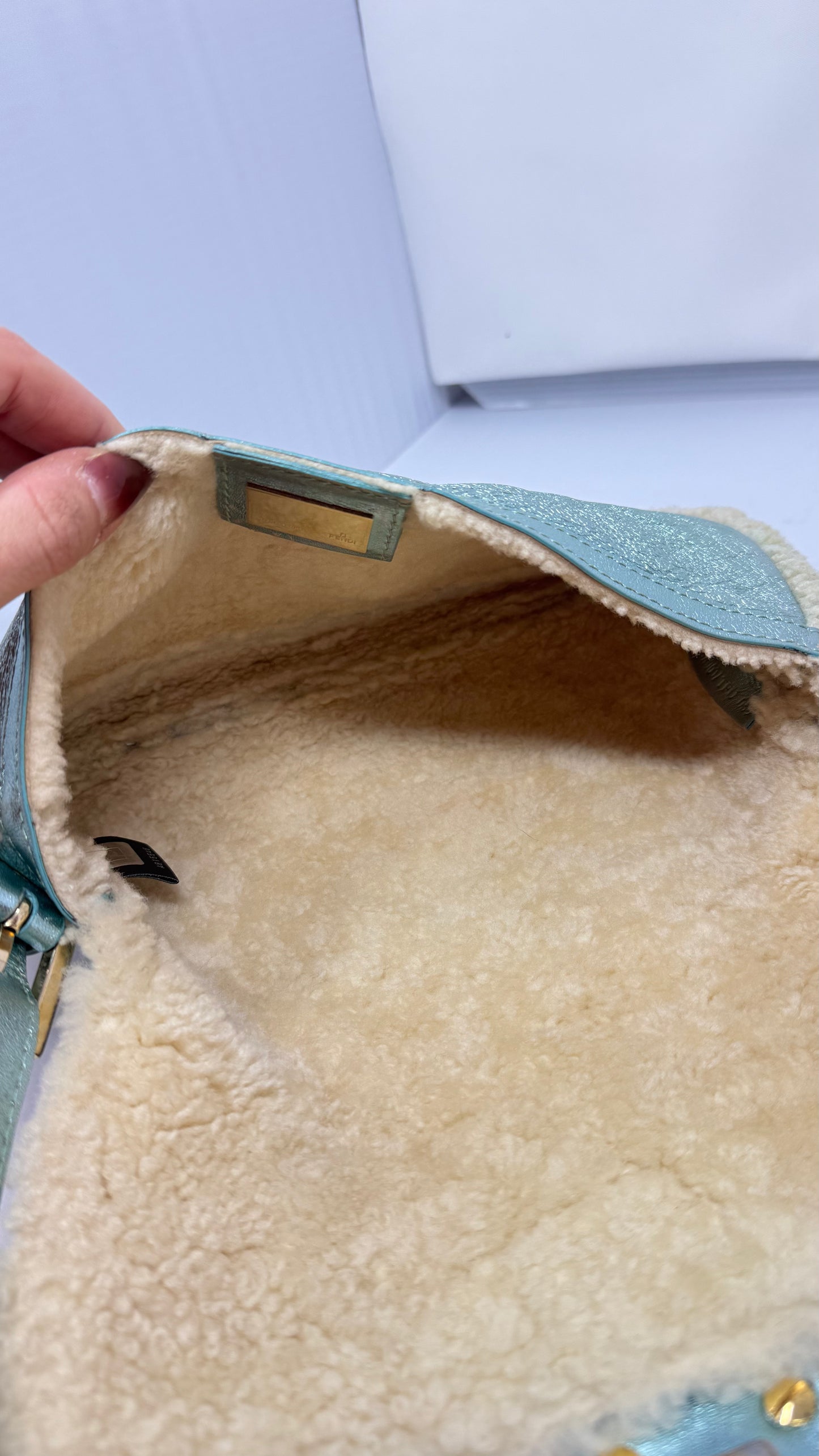 Fendi Shearling Metallic Lizard Baguette