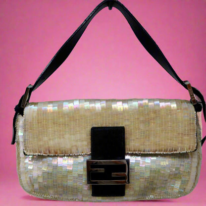 Fendi 1990's Cream Sequin Baguette Bag Ponyhair Trim