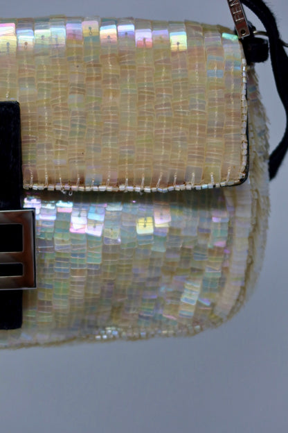 Fendi 1990's Cream Sequin Baguette Bag Ponyhair Trim