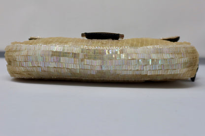 Fendi 1990's Cream Sequin Baguette Bag Ponyhair Trim