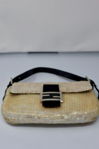 Fendi 1990's Cream Sequin Baguette Bag Ponyhair Trim