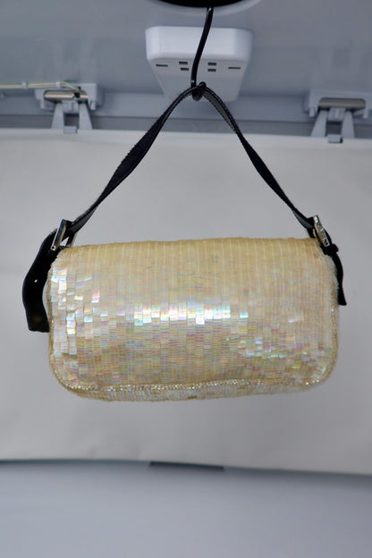Fendi 1990's Cream Sequin Baguette Bag Ponyhair Trim