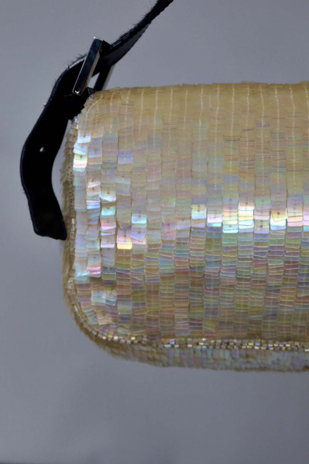 Fendi 1990's Cream Sequin Baguette Bag Ponyhair Trim