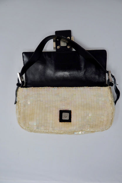 Fendi 1990's Cream Sequin Baguette Bag Ponyhair Trim
