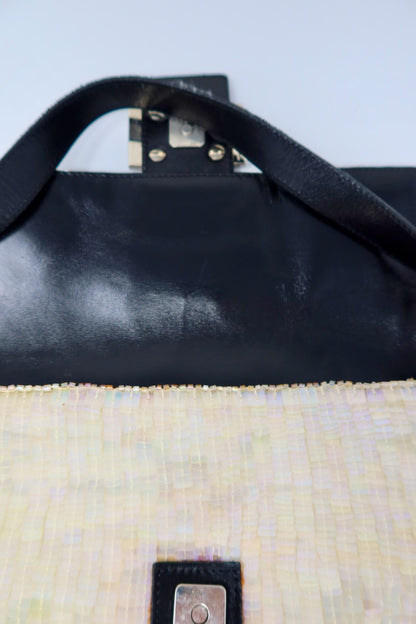 Fendi 1990's Cream Sequin Baguette Bag Ponyhair Trim