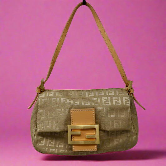 Fendi Mini Mamma Baguette Zucchino Canvas Leather