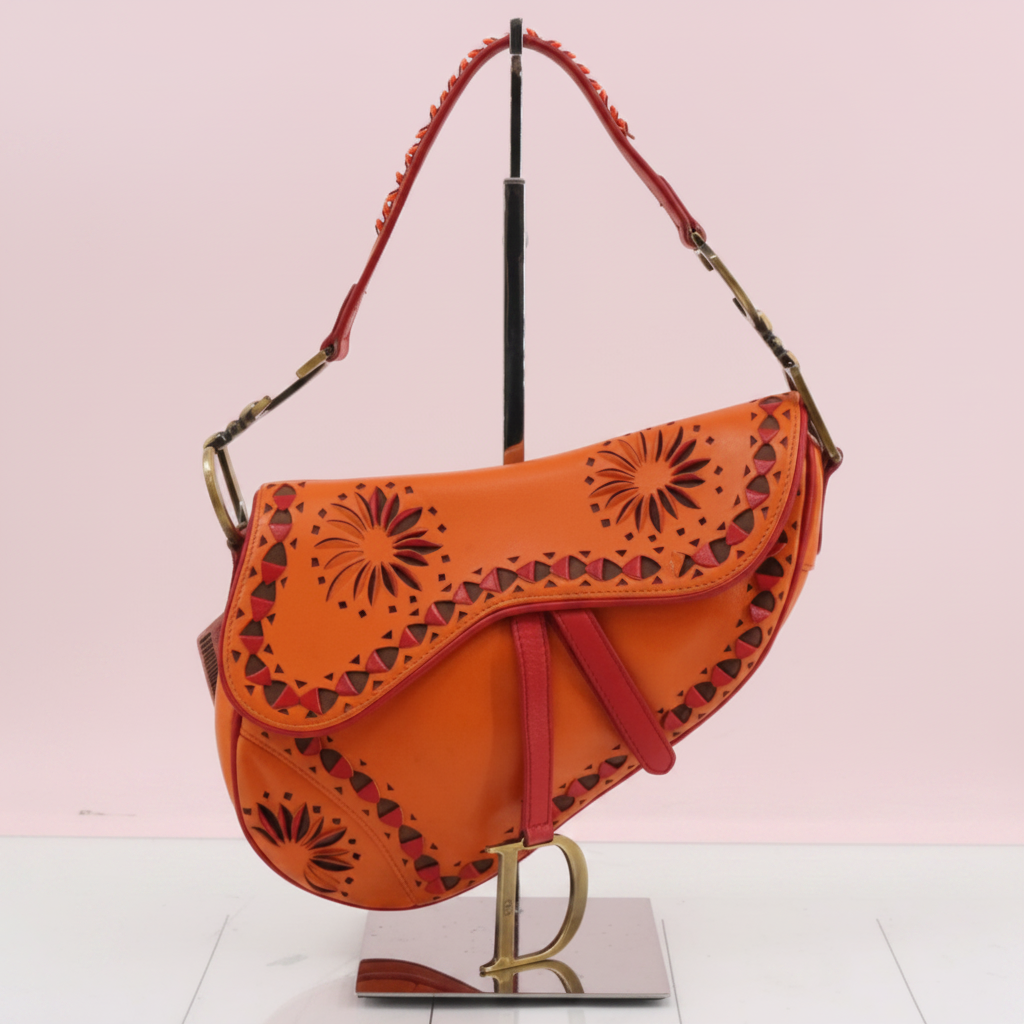 Christian Dior Laser Cut Floral Saddle Bag Orange & Red Calfskin