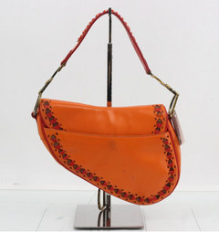 Christian Dior Laser Cut Floral Saddle Bag Orange & Red Calfskin