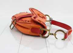 Christian Dior Laser Cut Floral Saddle Bag Orange & Red Calfskin