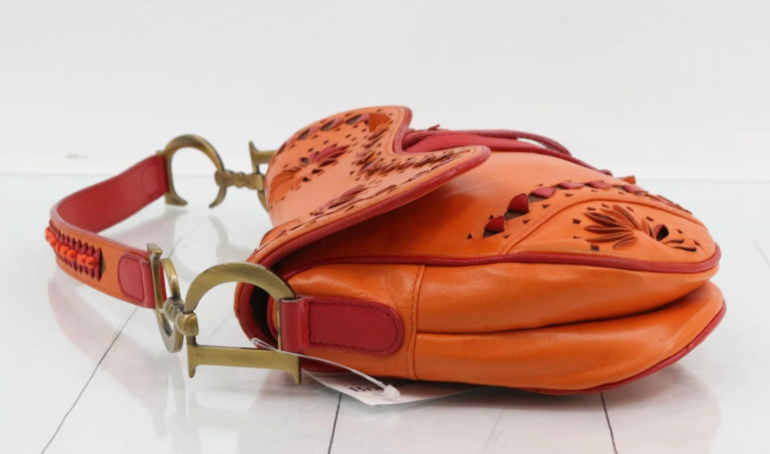 Christian Dior Laser Cut Floral Saddle Bag Orange & Red Calfskin