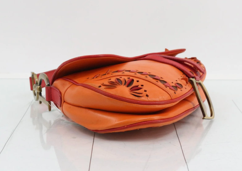 Christian Dior Laser Cut Floral Saddle Bag Orange & Red Calfskin