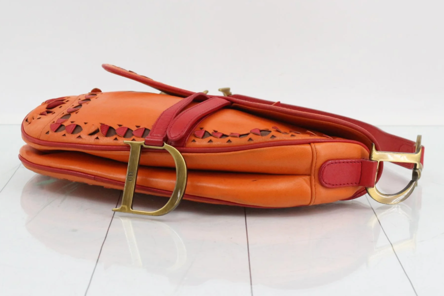 Christian Dior Laser Cut Floral Saddle Bag Orange & Red Calfskin