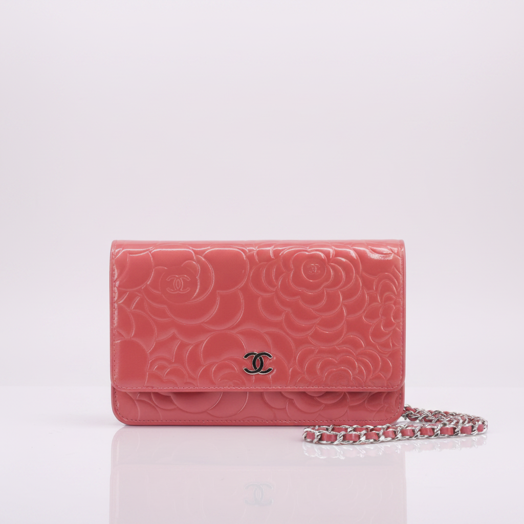 Chanel Pink Camellia Wallet on Chain in Embossed Patent Leather
