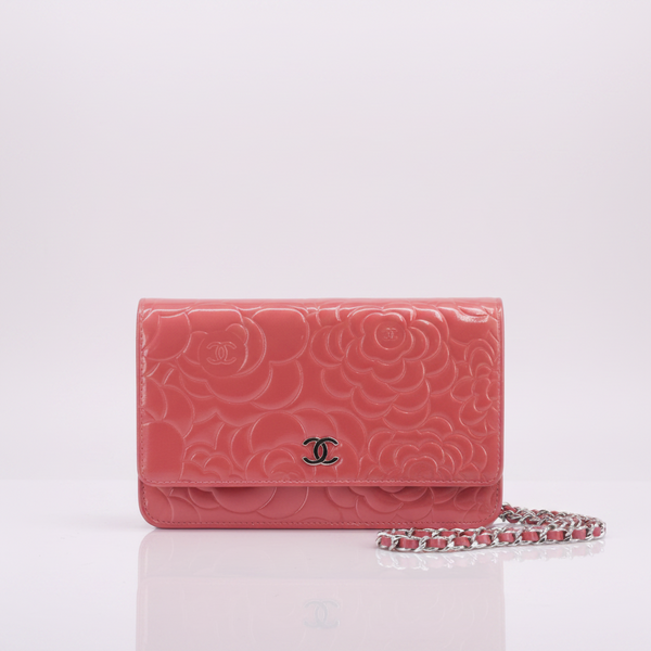 Chanel Pink Camellia Wallet on Chain in Embossed Patent Leather