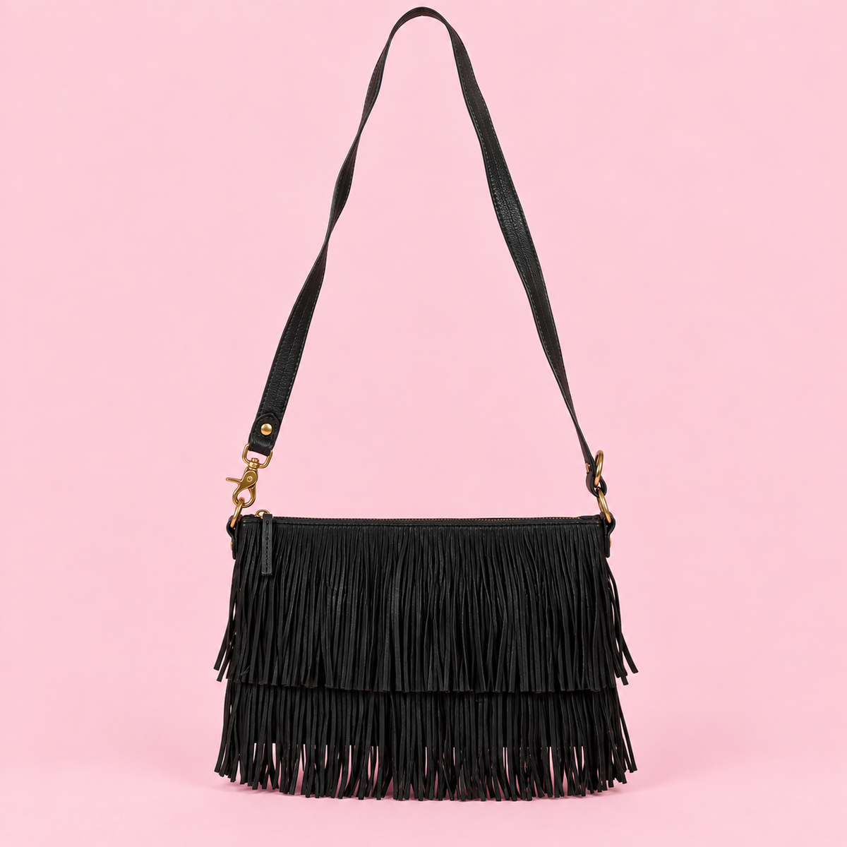 Tory Burch Black Leather Tiered Fringe Shoulder Bag