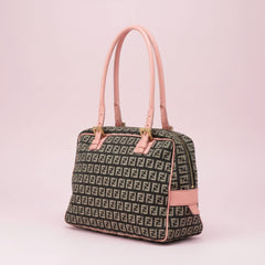Fendi Zucchino Pink & Black Canvas Top Handle Bag with Leather Trim