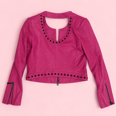 Hot Pink Studded Leather Jacket with Cutout Back
