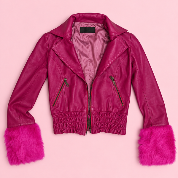 Vintage Hot Pink Leather Jacket with Fur Cuffs