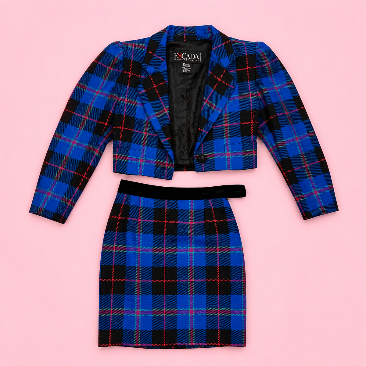 Vintage Escada Blue Plaid Wool Cropped Blazer & Mini Skirt Suit Set 36