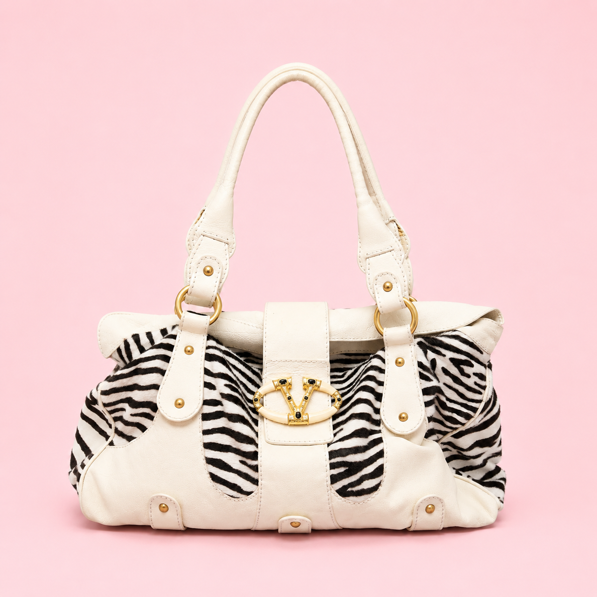 Valentino Zebra Pony Hair & White Leather Shoulder Bag c. 2005
