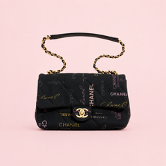 Chanel Black Denim Logo Print Quilted Flap Shoulder Bag Gold CC