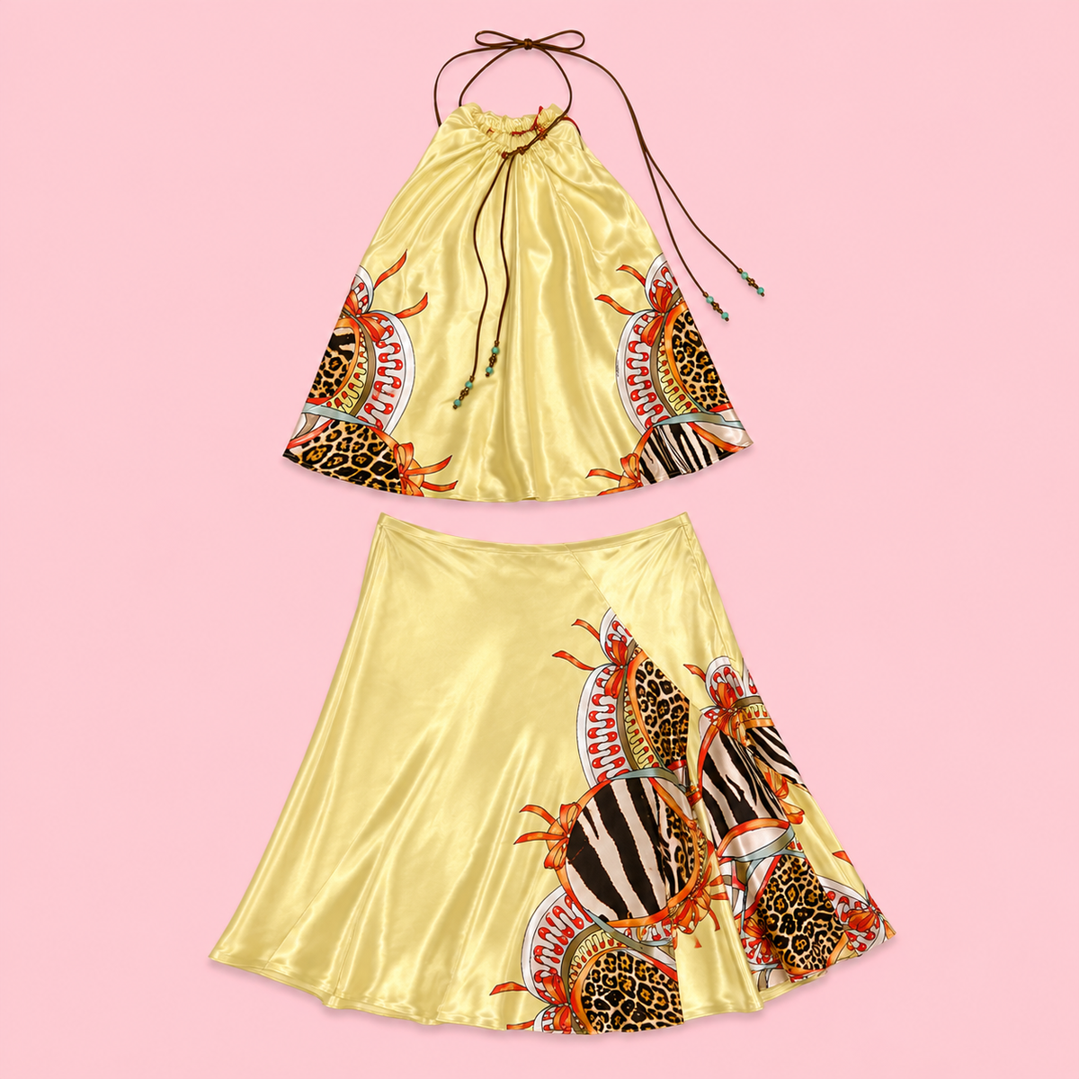 SS2004 Roberto Cavalli Patchwork Scarf Print Silk Halter Top & Bias Skirt Set Size S