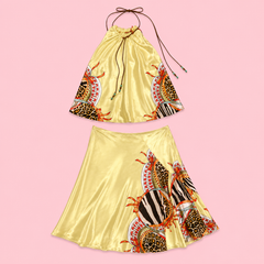 SS2004 Roberto Cavalli Patchwork Scarf Print Silk Halter Top & Bias Skirt Set Size S