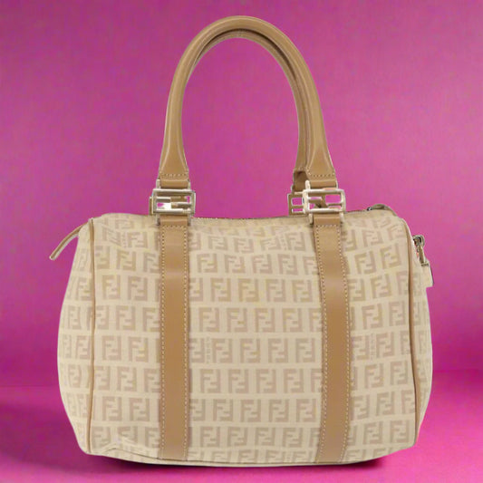 Fendi Zucchino Beige Canvas Boston Bag