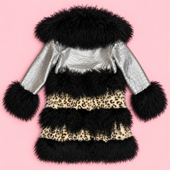 Metallic Silver, Cheetah Print & Black Shearling Long Coat