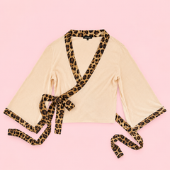 Roberto Cavalli Cream Knit Leopard Silk Wrap Top Mid-2000s - IT 40