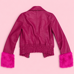 Vintage Hot Pink Leather Jacket with Fur Cuffs