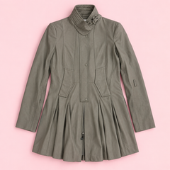 Grey Leather Pleated Longline Jacket