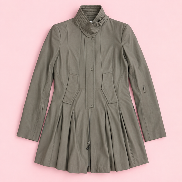 Grey Leather Pleated Longline Jacket
