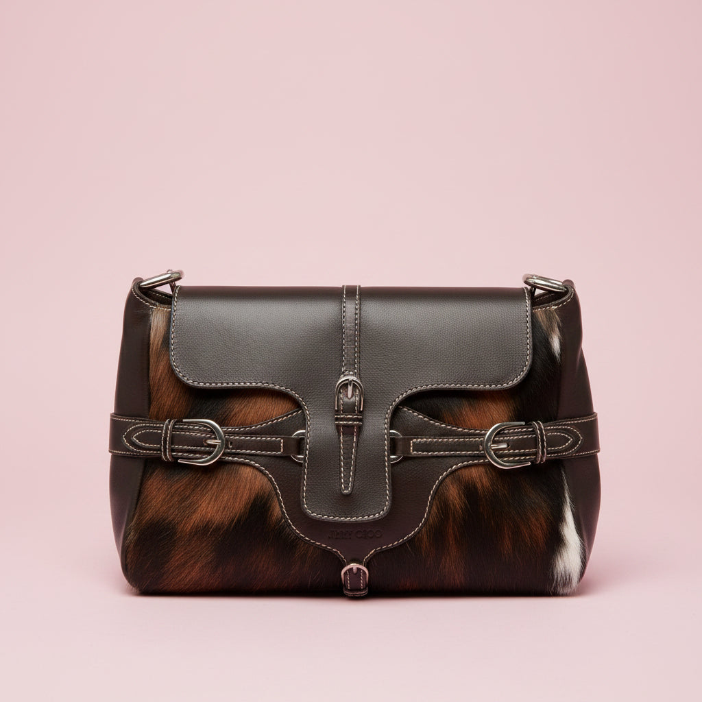 Jimmy Choo Fur and Leather Buckle Shoulder Bag Dark Brown / Black / White